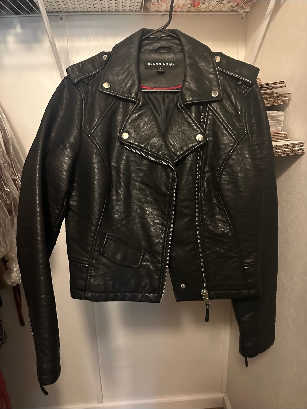 blanc noir Black Faux Leather Moto Jacket with Silver Hardware